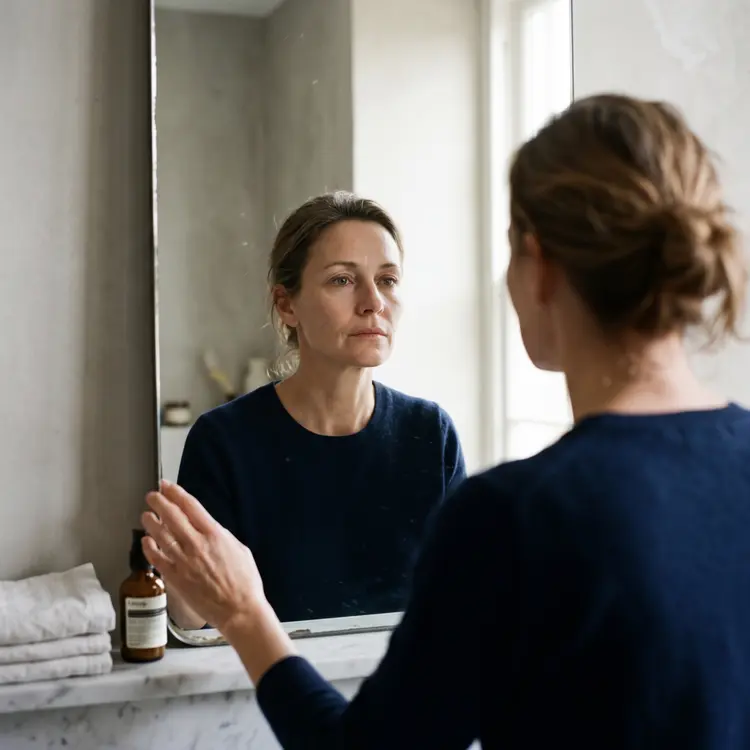 Woman looking in mirror noticing tired facial expression before anti-wrinkle treatment in Manchester