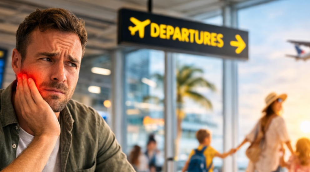 Man with toothache holding jaw in pain at airport departure gate before holiday flight