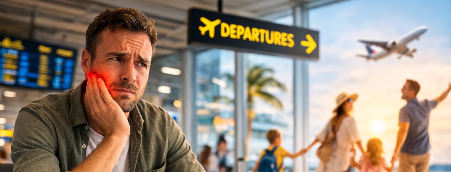 Man with toothache holding jaw in pain at airport departure gate before holiday flight
